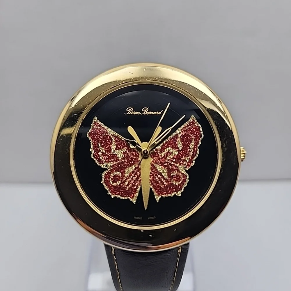 Womens Pierre Bernard Butterfly Watch Gold Glitter Black Leather New Battery